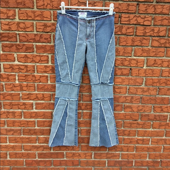 Vintage rare JNCO jnco low rise patchwork frayed flare jeans Sz 1/27 made in USA - Picture 1 of 14